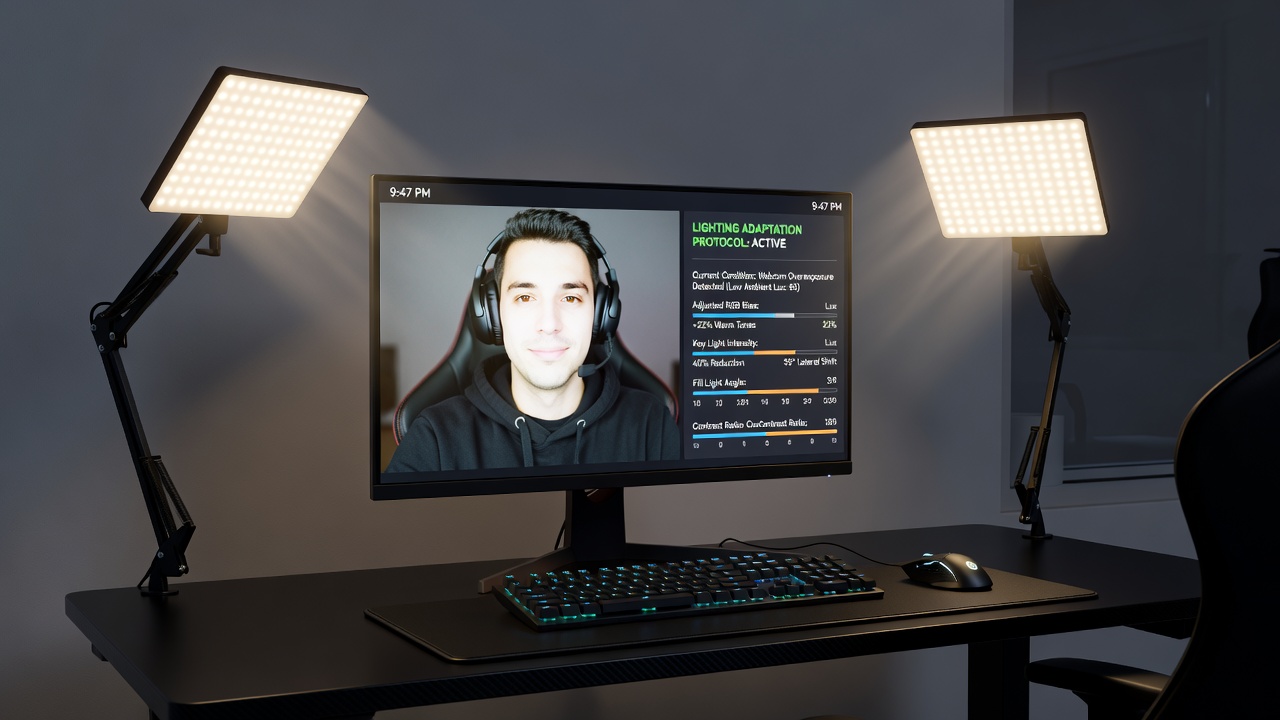 Close-up of adjustable LED panels with diffusers positioned around a gaming desk for even evening illumination