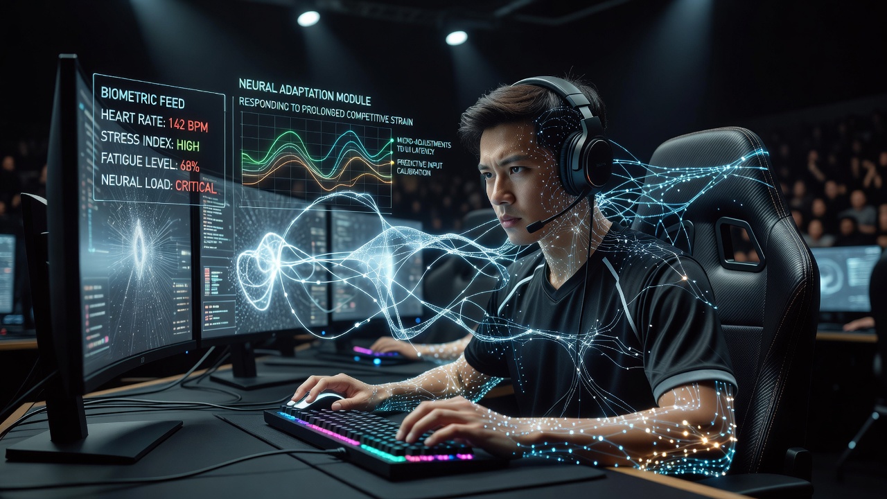 Close-up of biometric sensors and neural overlay interface responding to player stress signals in a marathon esports match