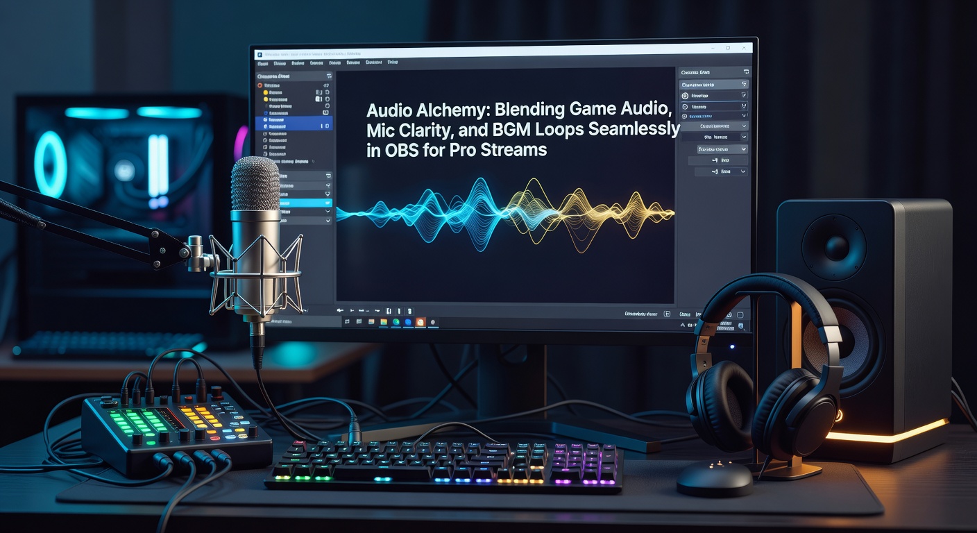 OBS Studio audio mixer panel displaying game capture, microphone input, and background music tracks layered with precise volume sliders and filters applied