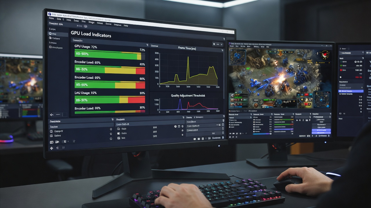 OBS interface showing GPU load monitoring setup for real-time strategy game streaming