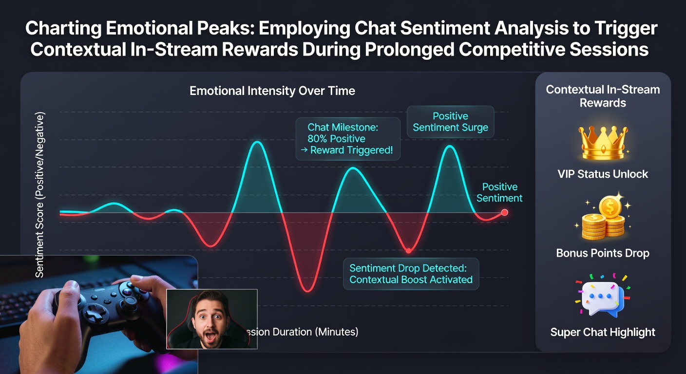 Chat sentiment analysis dashboard displaying real-time emotional peaks during a competitive gaming stream with reward triggers highlighted