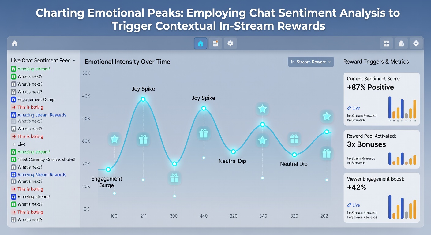 Streamer overlay showing triggered in-stream rewards like badges and alerts based on chat sentiment analysis during a long competitive session