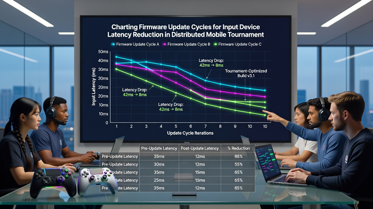 Firmware dashboard displaying update cycles and latency metrics for mobile input devices