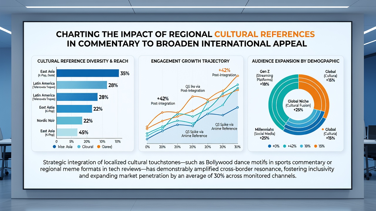 Diverse commentary team preparing cultural notes ahead of a global match