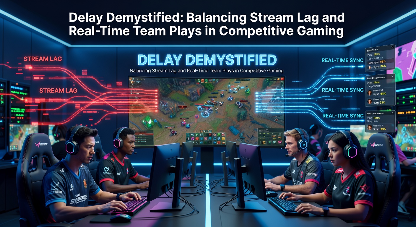Visual representation of stream delay showing a gamer reacting to an in-game event while the audience sees it seconds later, highlighting the disconnect in competitive team scenarios