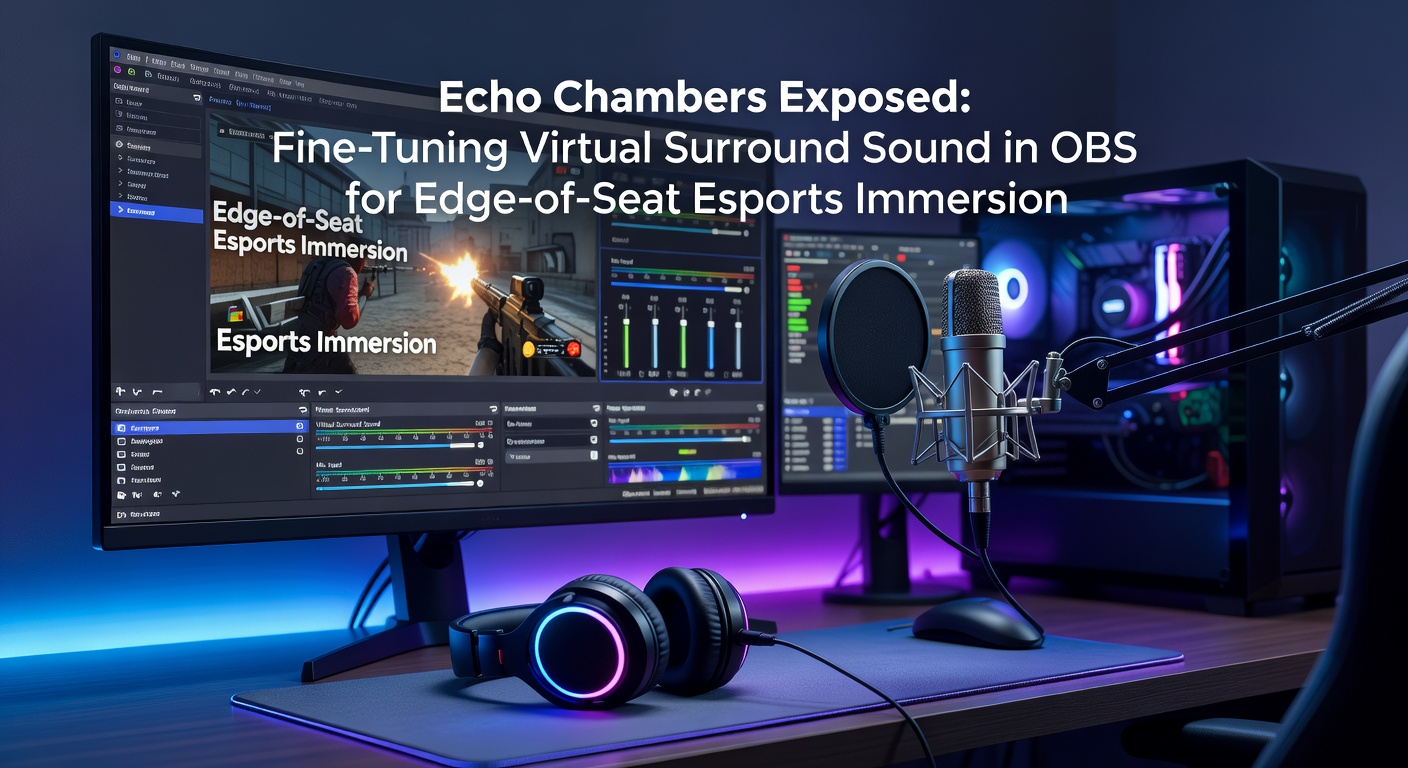 OBS Studio interface displaying advanced audio mixer with surround sound channels enabled, highlighting filters and virtual surround setup for esports streaming