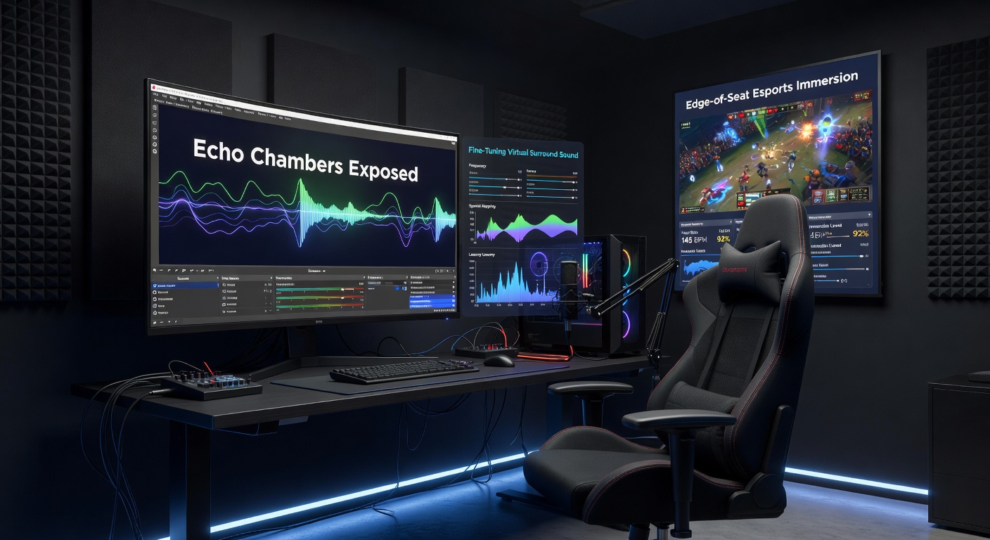 Close-up of OBS audio filter chain applying virtual surround virtualization, equalizer, and compressor for esports game audio, with waveform visuals showing positional panning