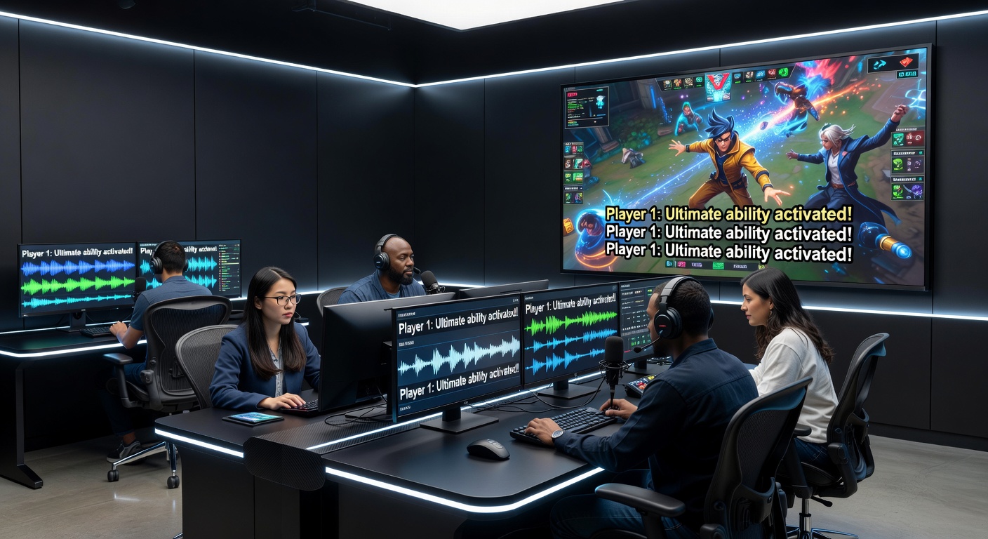 Dynamic captioning overlay displayed during a live competitive esports match with synchronized text for commentary and game audio