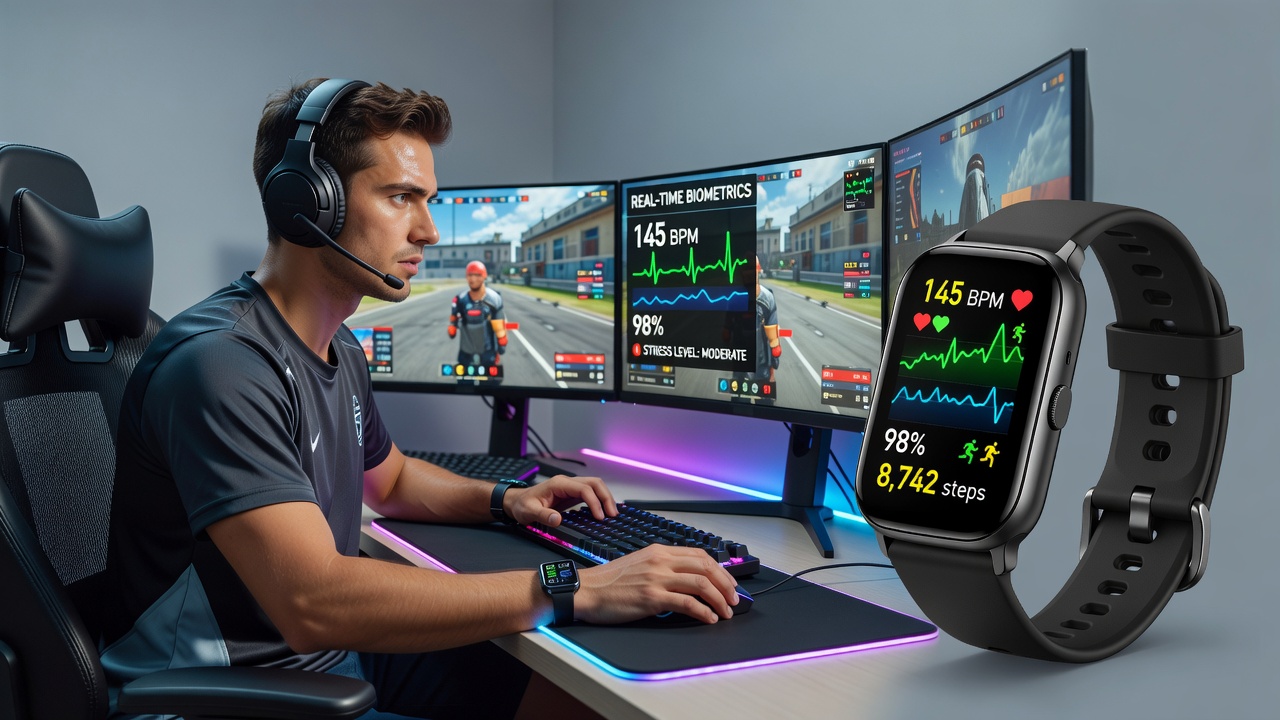 Wearable fitness tracker displaying real-time biometric data during a competitive gaming session