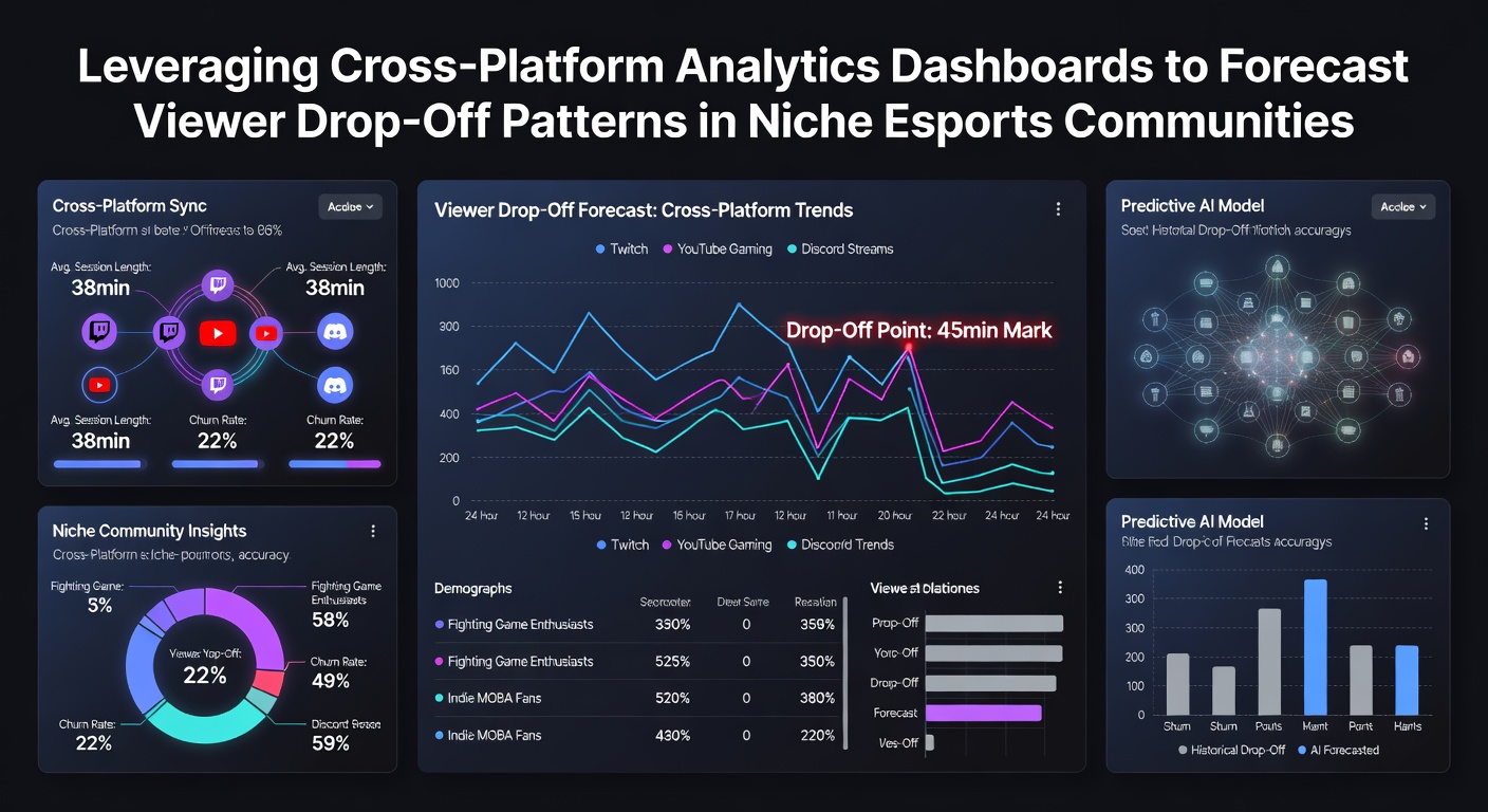 Analytics dashboard interface displaying viewer engagement metrics and drop-off trends across multiple esports platforms