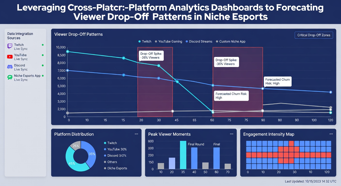 Detailed view of cross-platform dashboard charts showing forecasted viewer retention curves for niche esports events