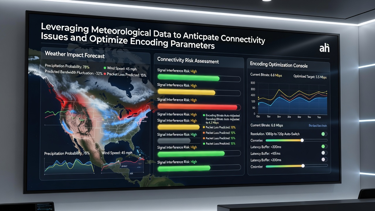Dashboard displaying weather overlays alongside live encoding metrics for an esports broadcast