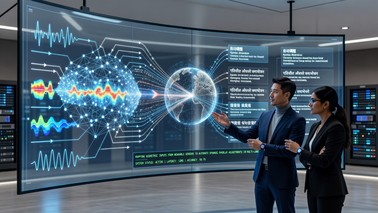Multi-language broadcast control room displaying synchronized biometric overlays