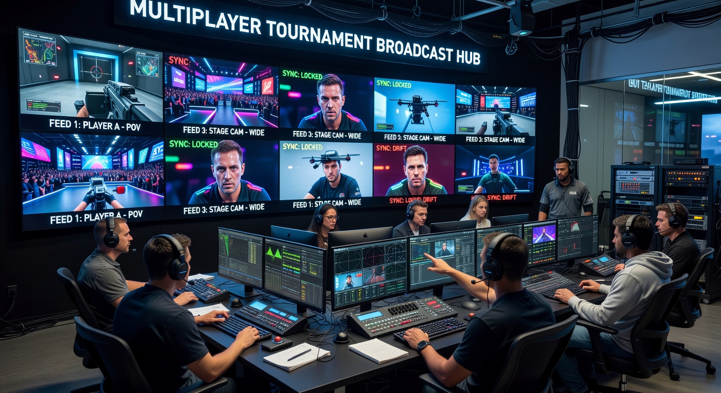 Multiple camera feeds synchronized in a professional esports tournament control room showing live player views and arena angles