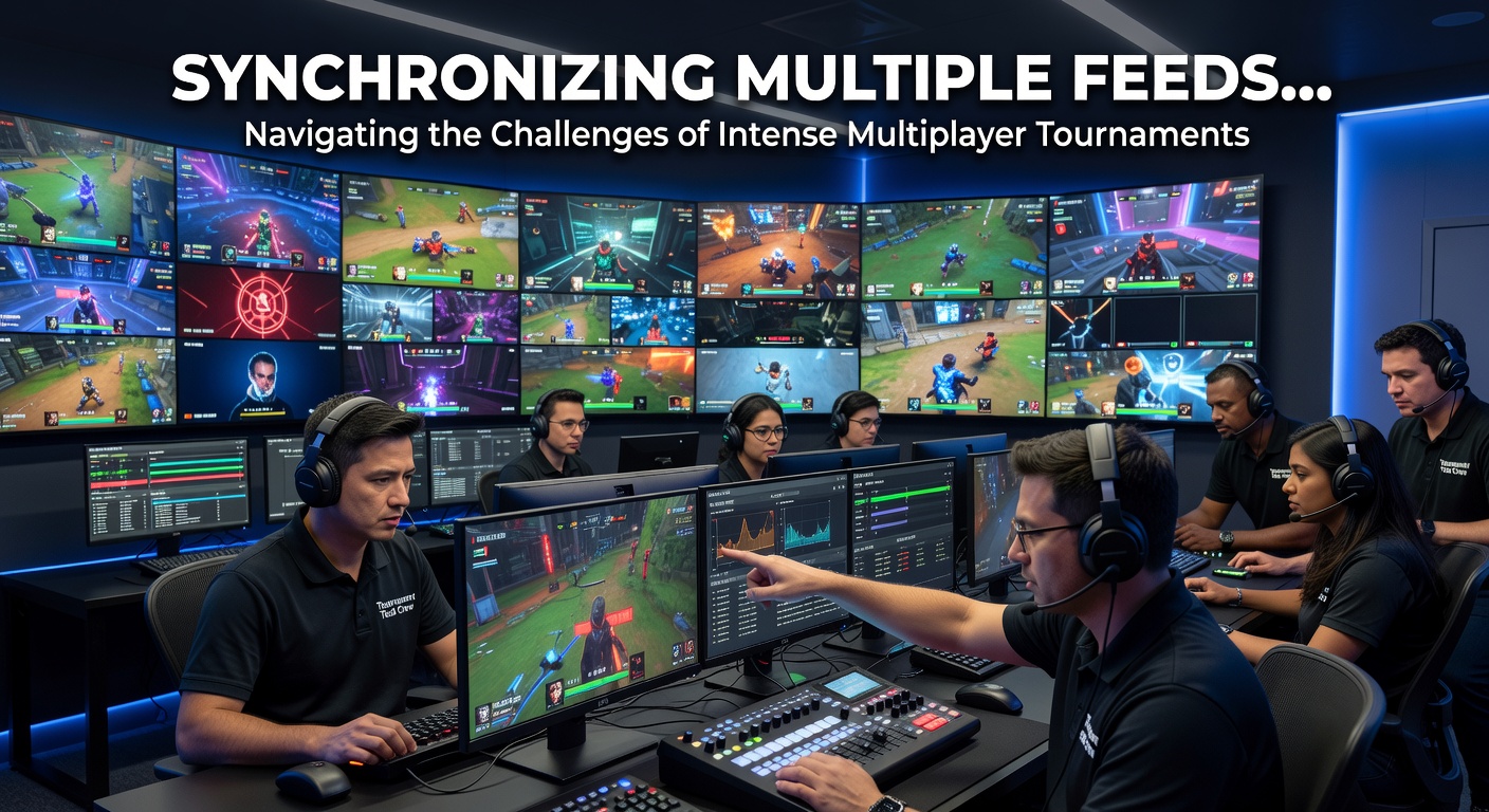 Close-up of OBS timeline and timecode monitors used to align multiple player camera feeds during a live tournament broadcast