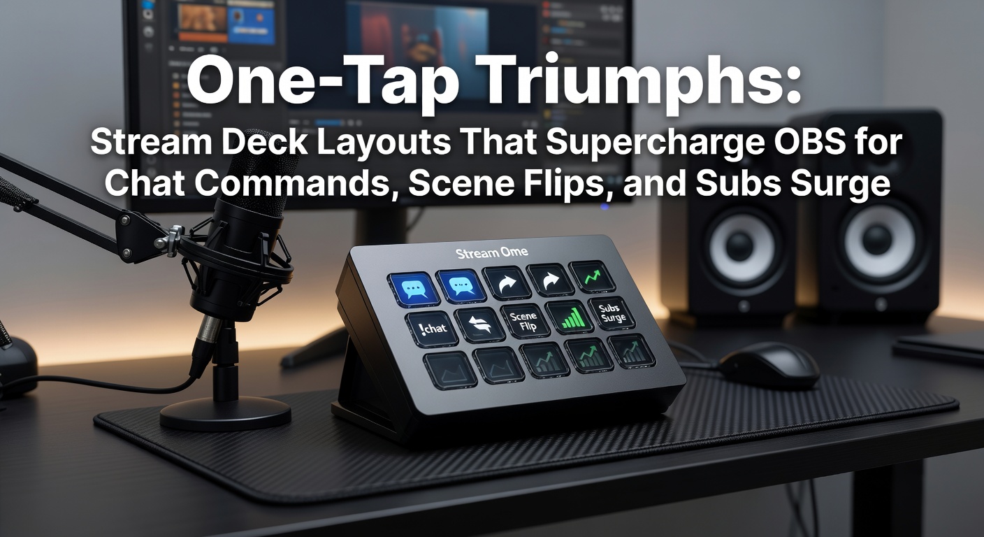 Elgato Stream Deck MK.2 displaying custom OBS-integrated buttons for scene switches and chat triggers, illuminated with vibrant icons during a live stream setup