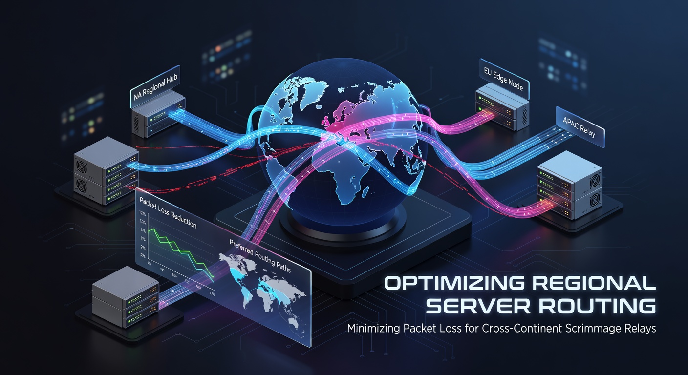 Network diagram showing regional server routing paths across continents for esports scrimmages
