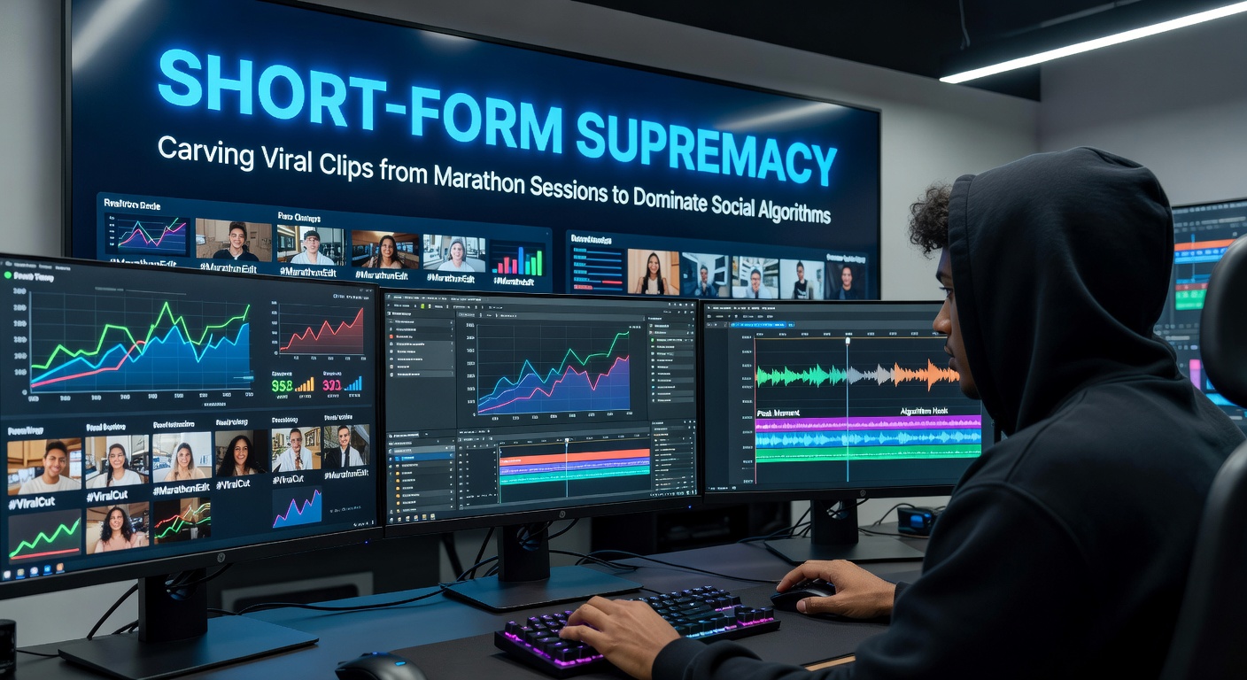 A streamer at a desk surrounded by multiple screens, highlighting key moments from a long gaming session to create short viral clips