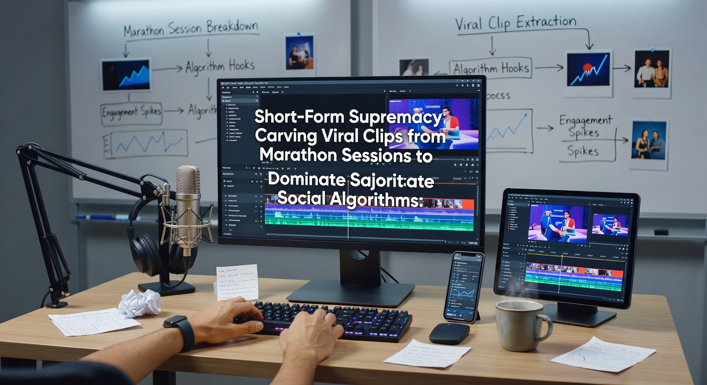 Montage of short-form clips exploding on social feeds, showing editing interface with viral metrics overlay