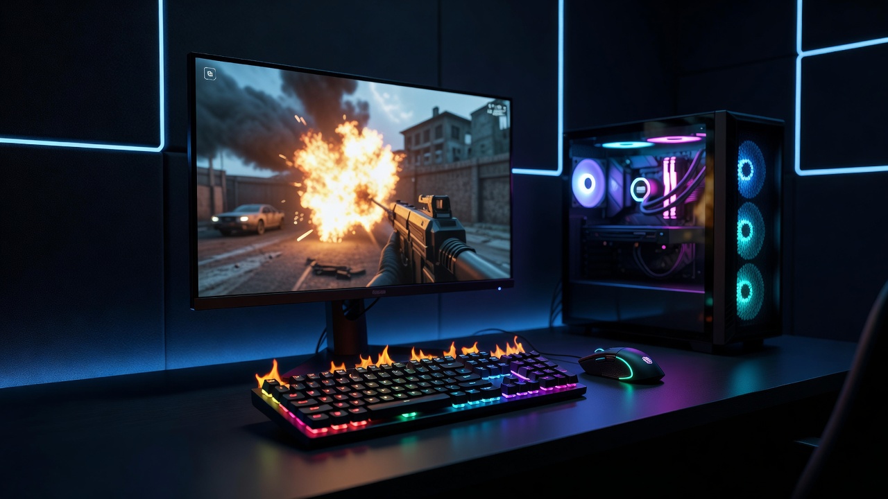 Close-up of LED light strips mounted behind monitors responding to in-game explosions in real time