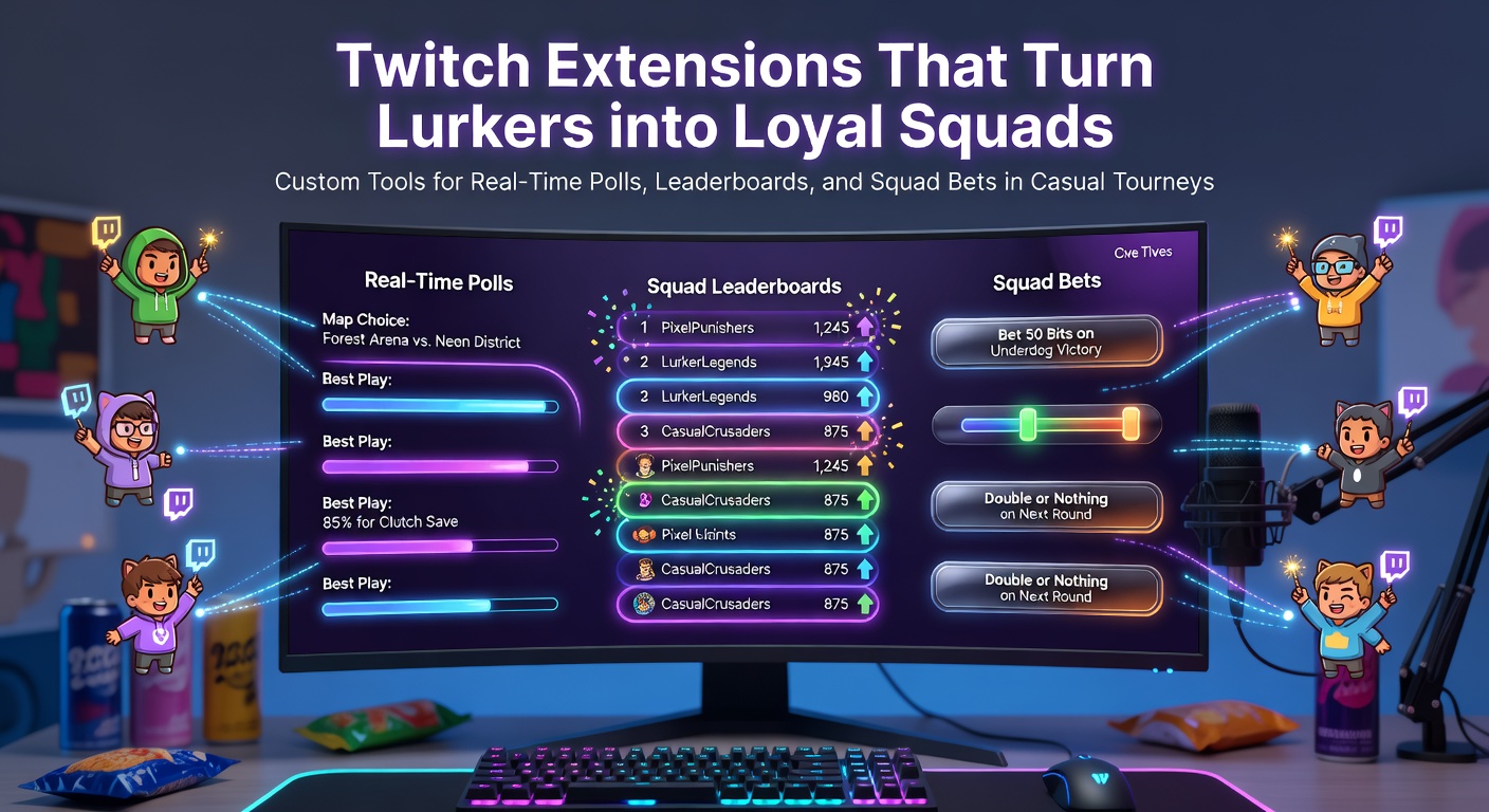 Vibrant Twitch stream overlay showing real-time polls, leaderboards, and squad betting interfaces pulling viewers into the action during a casual tournament
