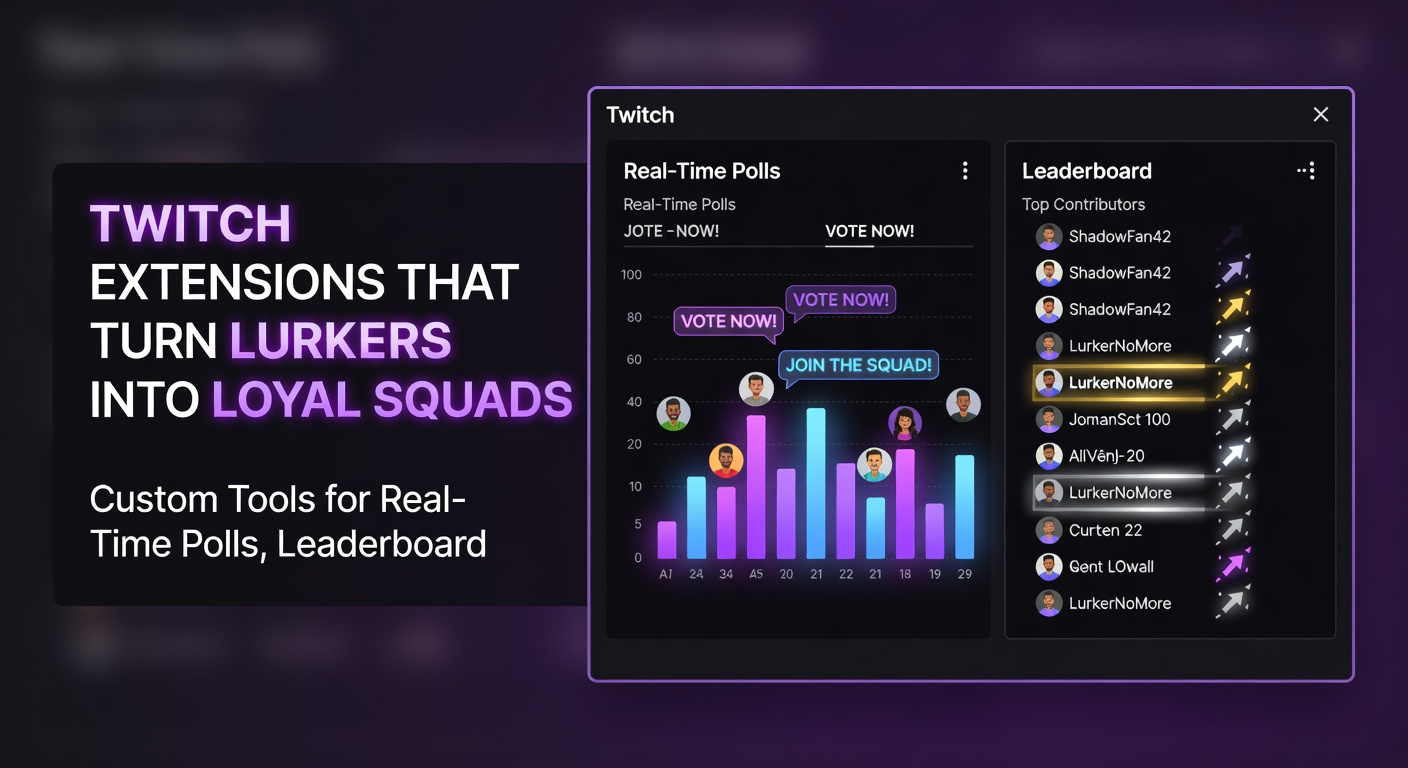 Close-up of a Twitch leaderboard and squad bet overlay during a lively casual tournament, with viewer names racing up ranks and bets settling in real-time
