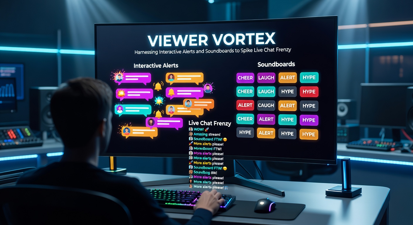 Close-up of a streamer's soundboard interface in action, with buttons for hype sounds, donation alerts, and chat-triggered effects exploding during a live gaming session
